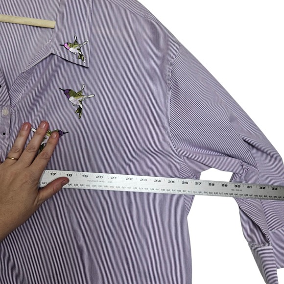Las Olas 2X Purple Striped Embroidered Hummingbird Button Down Shirt Blouse - Picture 8 of 11